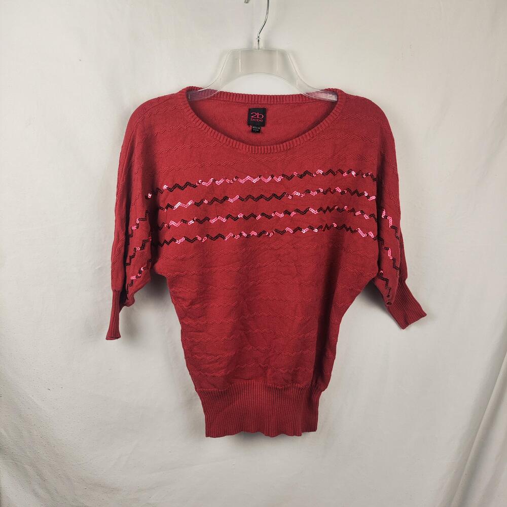 2b Bebe Sweater Womens Small Red Sequin Stripe Scoop Neck Dolman 3/4 Sleeve
